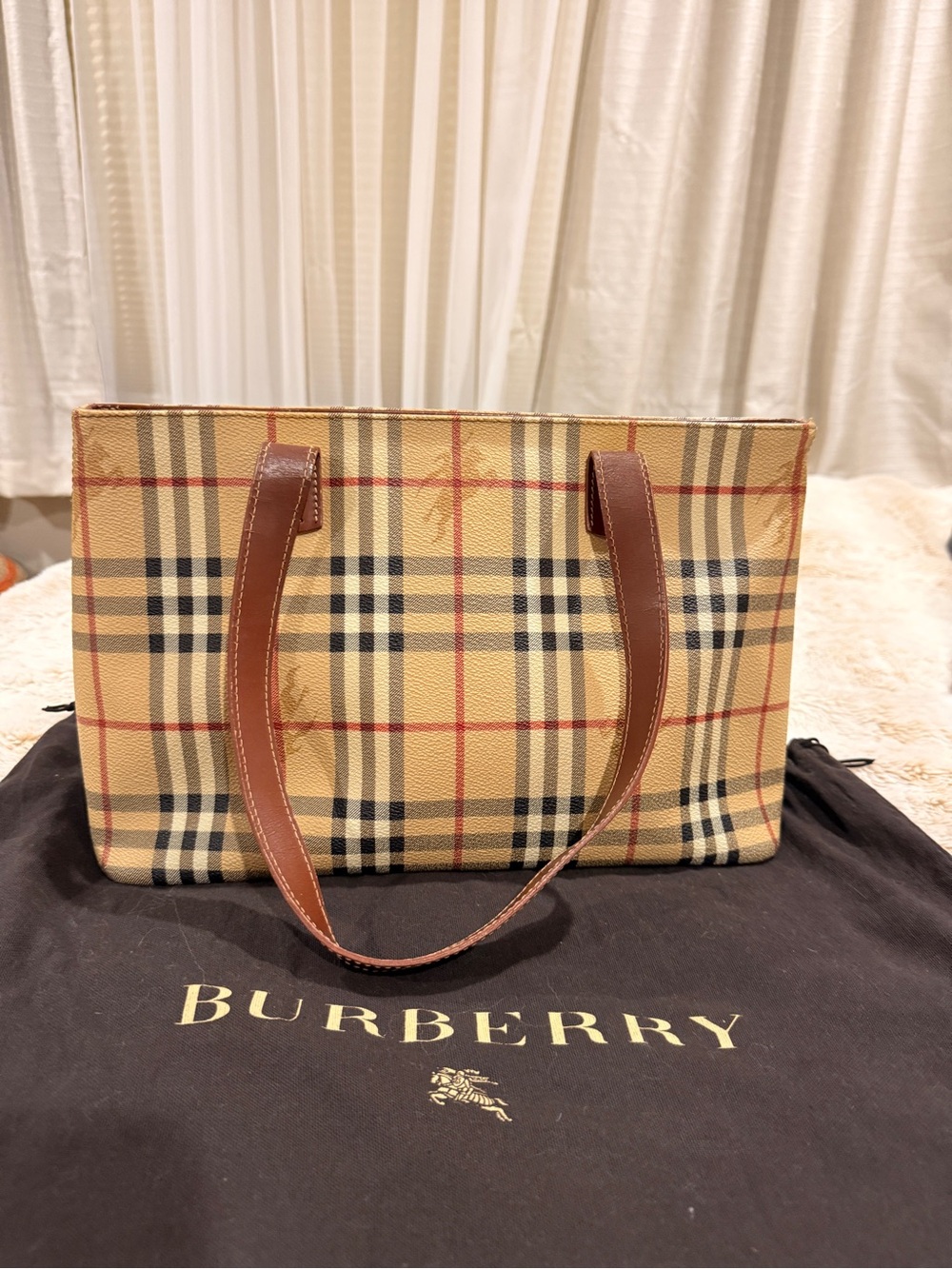 Burberry London Nova Check Tote Bag Brown Leather Vintage Shoulder Bag